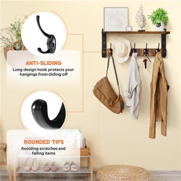 Wall Hooks with Shelf, Coat Rack Wall Mount for Coat Backpack Key Clothes - Picture 4 of 7